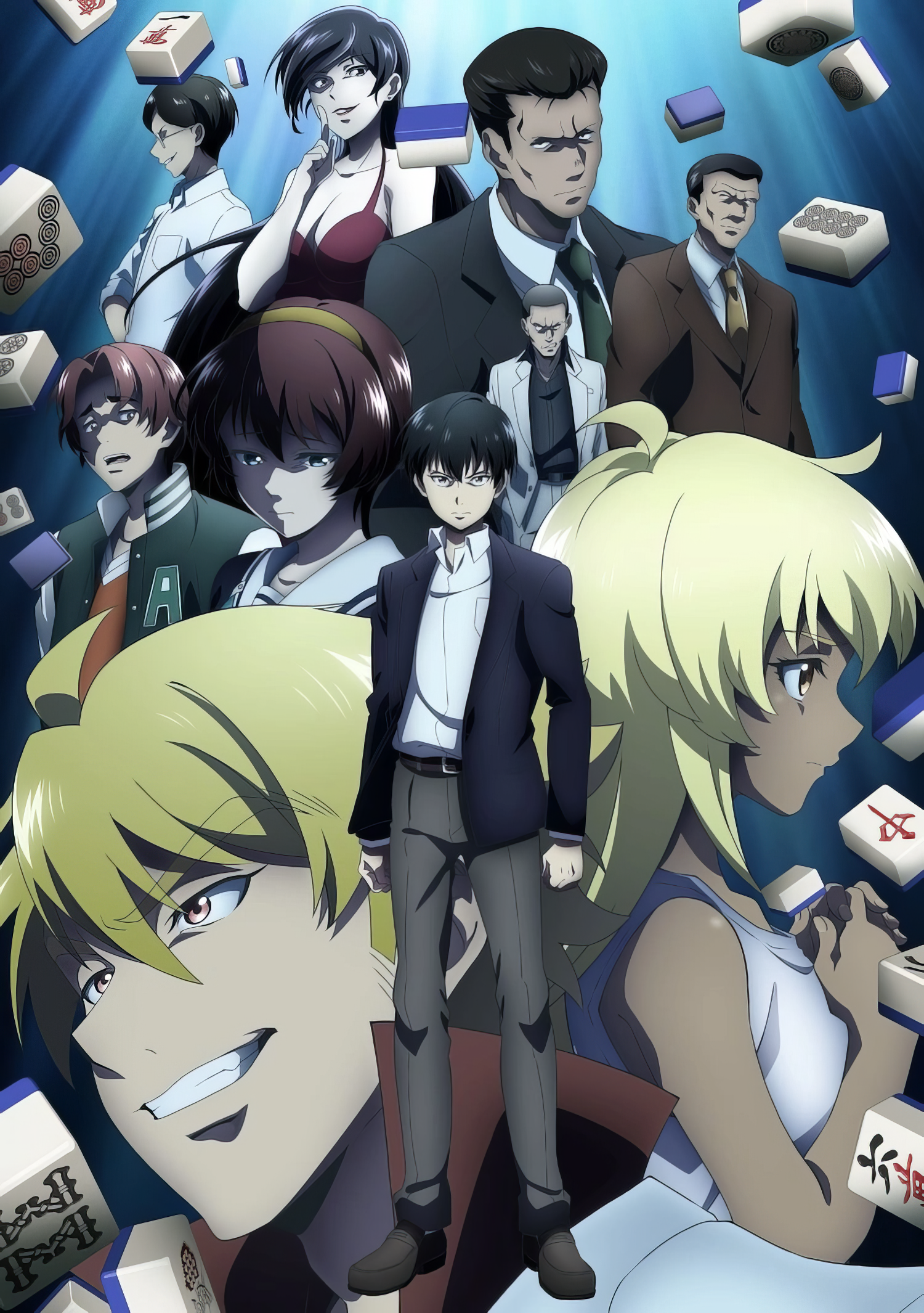 A dynamic anime poster for Touhai: Ura Rate Mahjong Touhai Roku, featuring a group of intense characters surrounded by Mahjong tiles, highlighting their strategic battles and rivalry.