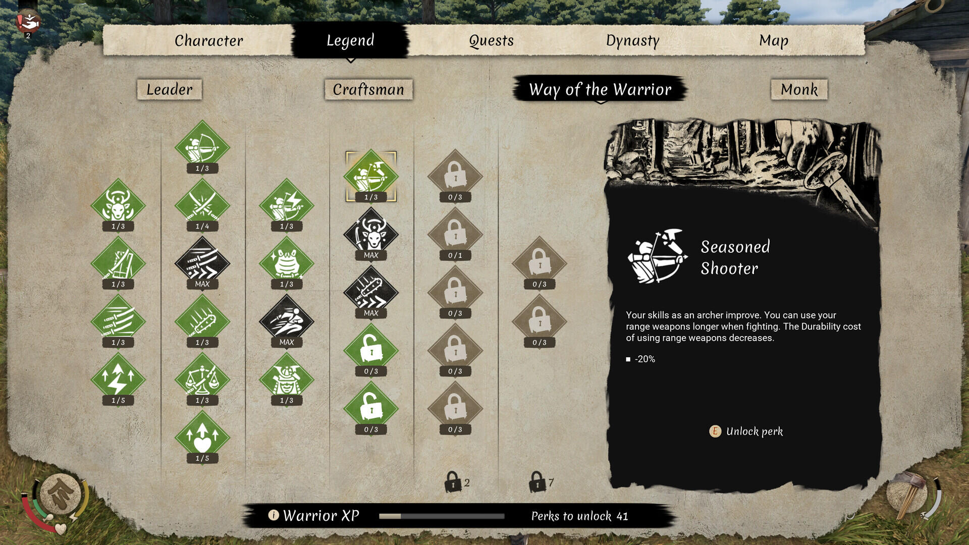 Screen showing character development options in the video game Sengoku Dynasty, focusing on the Way of the Warrior and various skill enhancements.