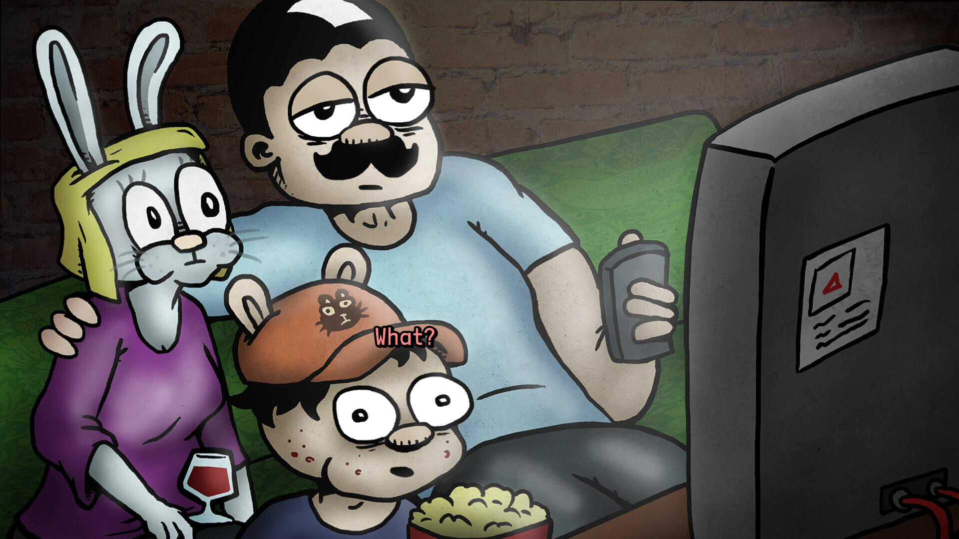 A family sits in a living room, engrossed in a video game. The rabbit-eared character holds a drink, while a boy munches popcorn, all reacting to the screen with expressions of surprise.