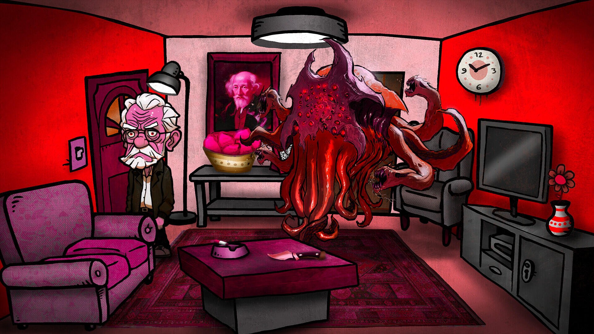 A vibrant living room scene from a video game, featuring an octopus-like creature hovering over a coffee table, with a quirky character standing nearby in a surreal atmosphere.