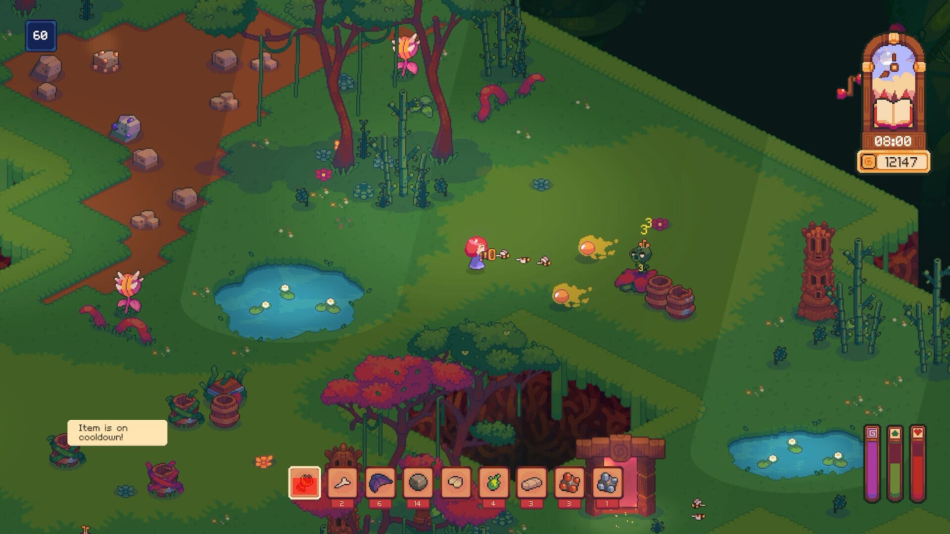 A whimsical scene from the video game Everholm, featuring vibrant landscapes, ponds, and playful characters engaging in various activities amidst lush greenery.