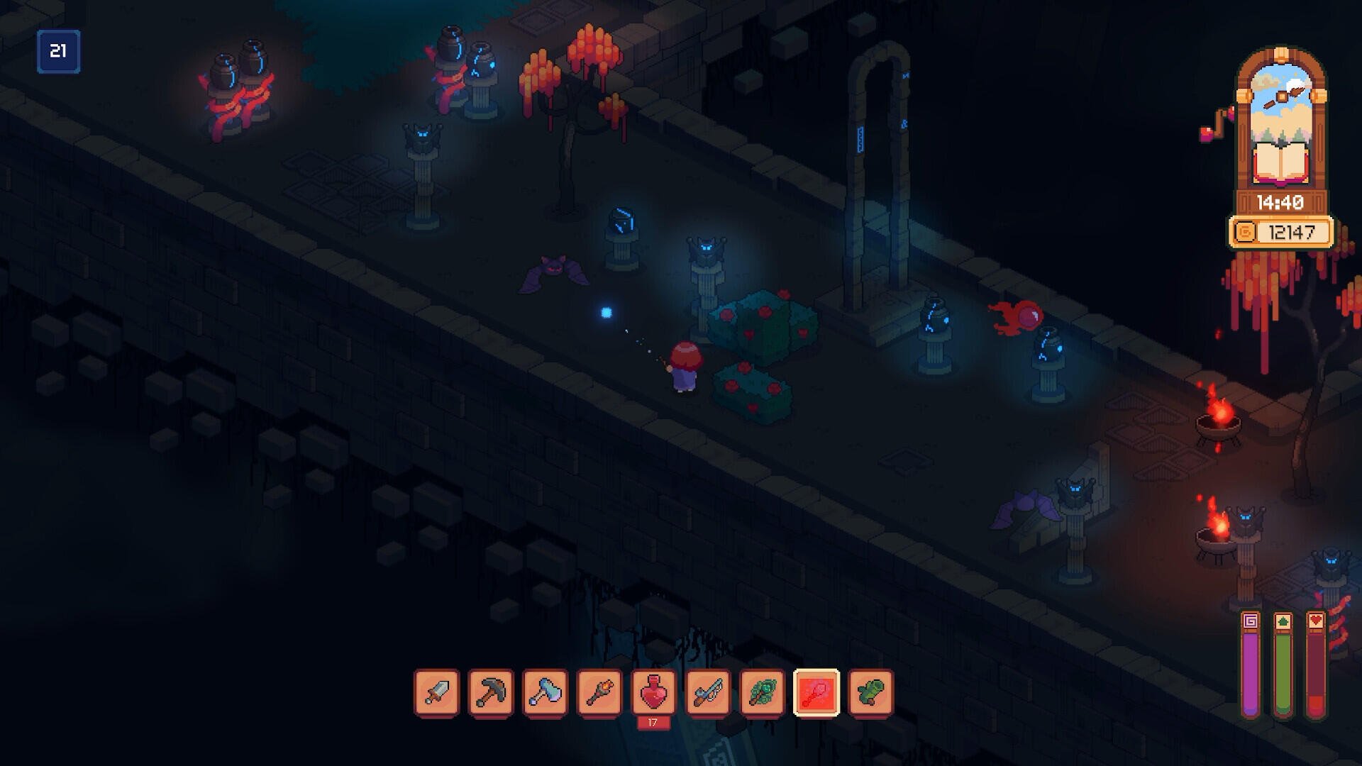 A character navigates a dark, evocative environment in the video game Everholm, surrounded by glowing elements and ominous creatures, with an interface displaying resources and health.