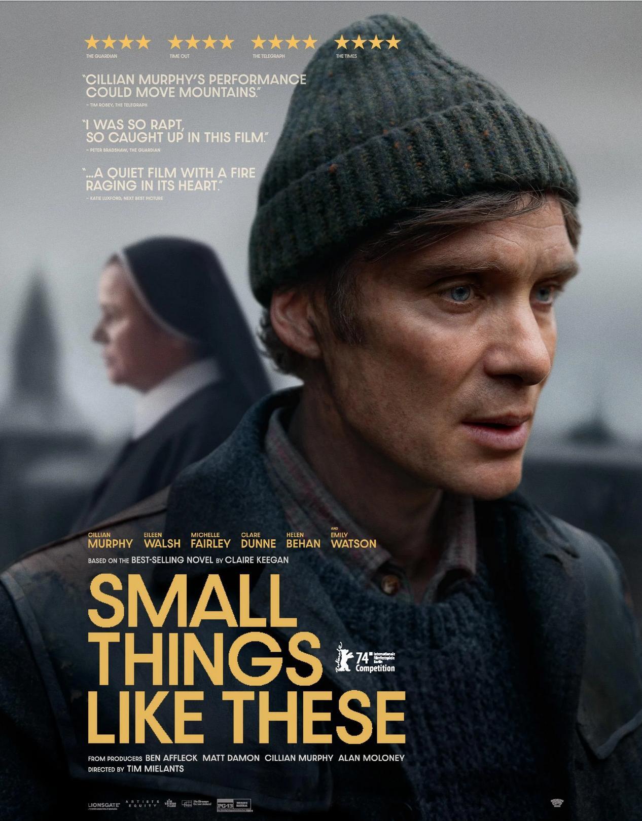 A promotional poster for Small Things Like These featuring Cillian Murphy, showcasing his intense expression and a backdrop hinting at the film's emotional depth.