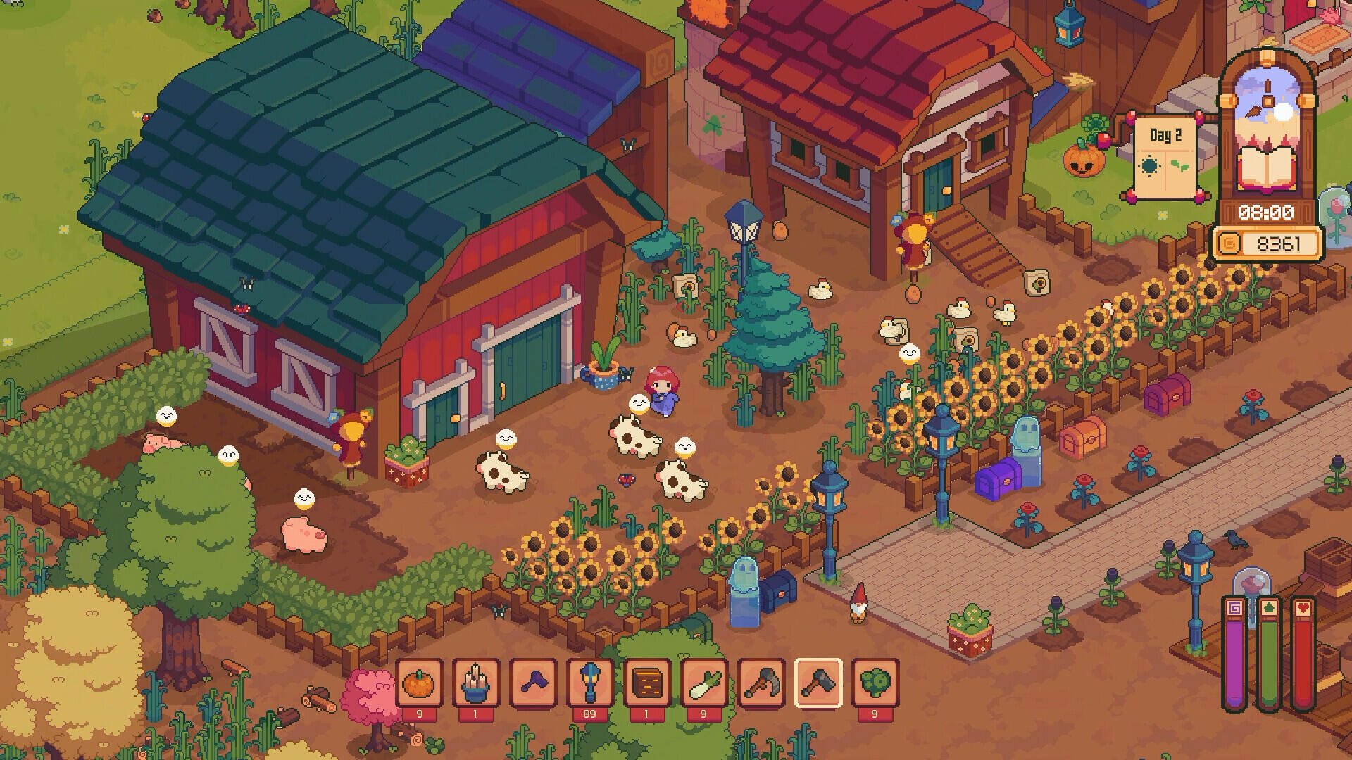 A vibrant scene from the video game Everholm, featuring colorful houses, lush gardens, and blooming sunflowers, creating a lively and charming farm atmosphere.