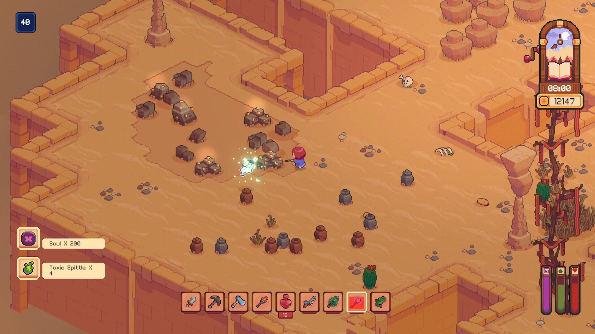 A player navigates a sandy environment in the video game Everholm, gathering resources and crafting items amidst scattered rocks and plants.