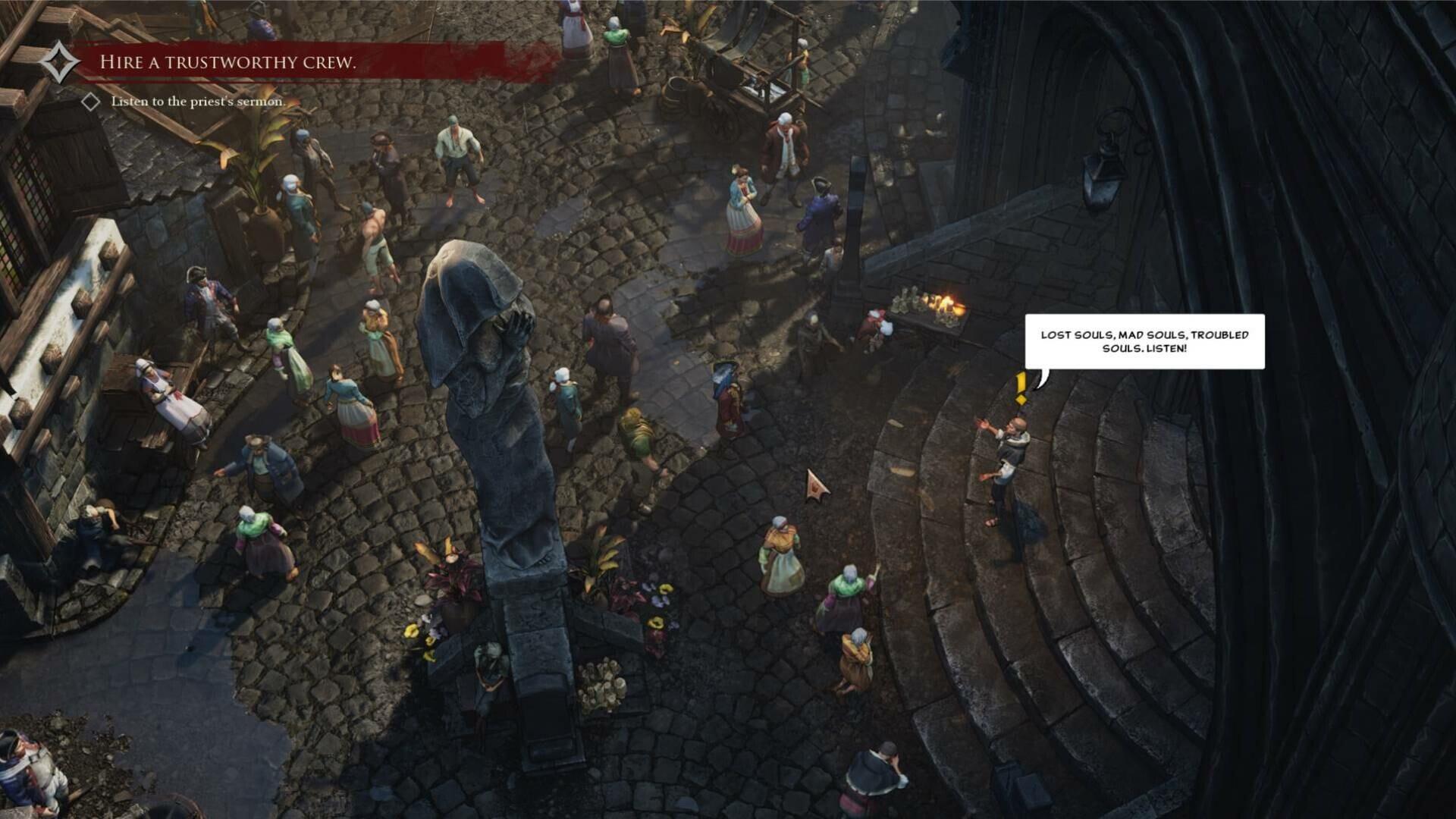 An overhead view of a bustling marketplace in Flint: Treasure of Oblivion, showcasing various characters and activities around a central statue. The atmosphere is lively and detailed.