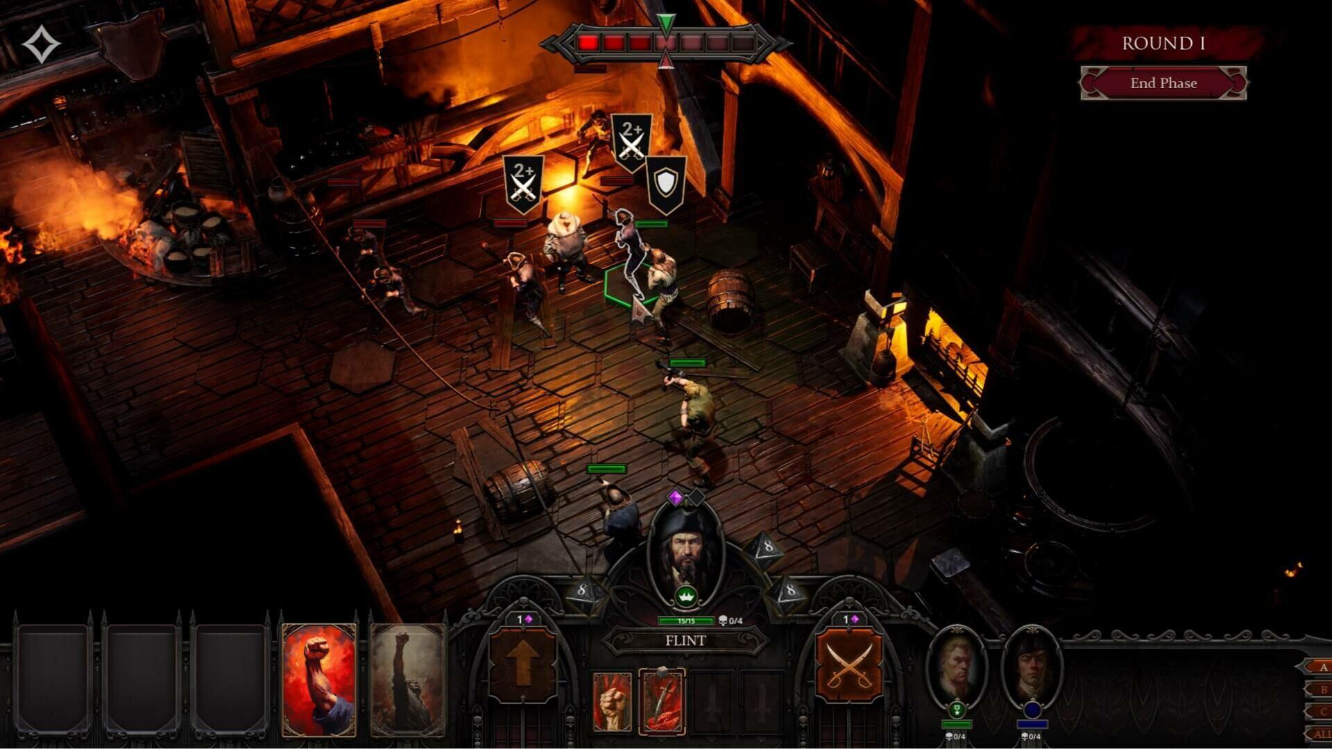 A gameplay scene from *Flint: Treasure of Oblivion*, featuring characters battling in a dimly lit dungeon with strategic elements and various in-game icons displayed.