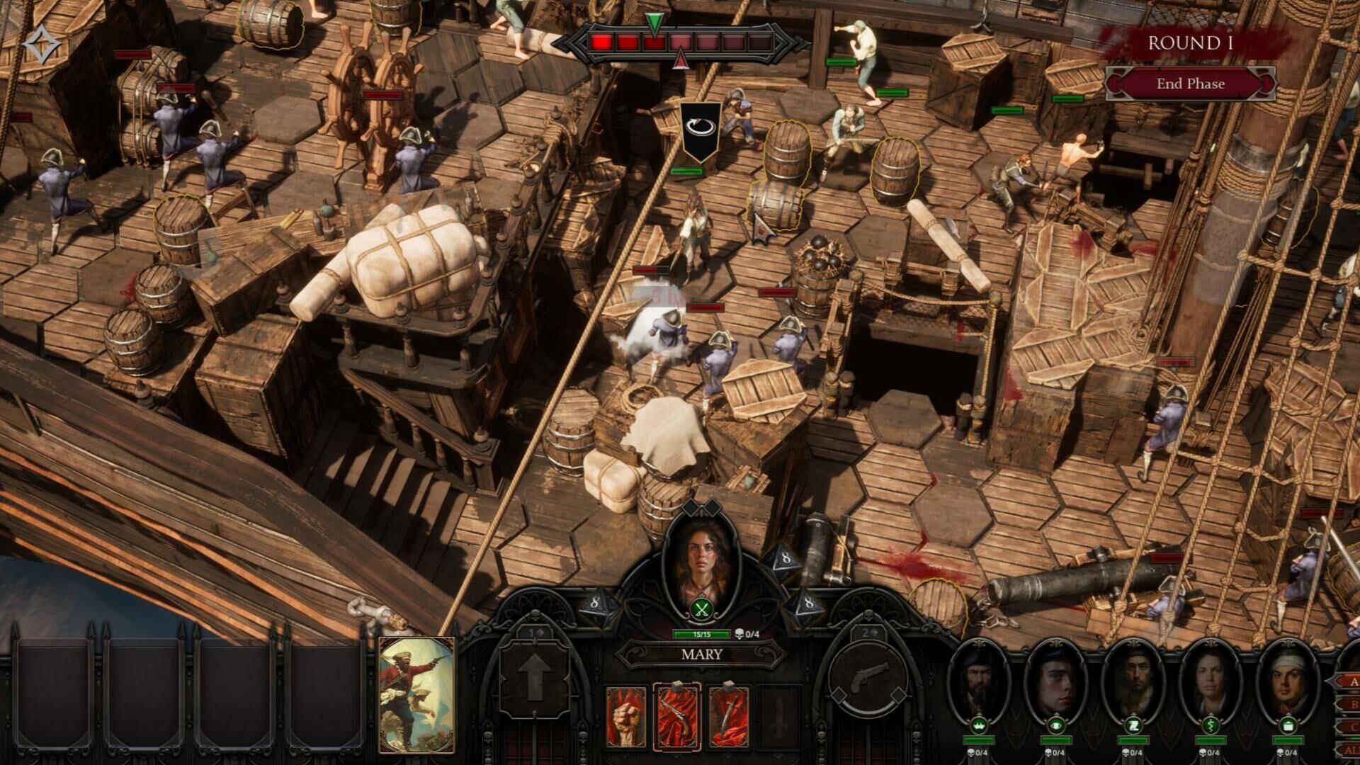 A top-down view of a strategic battle scene from the video game Flint: Treasure of Oblivion, showcasing a variety of characters and intricate hexagonal terrain.