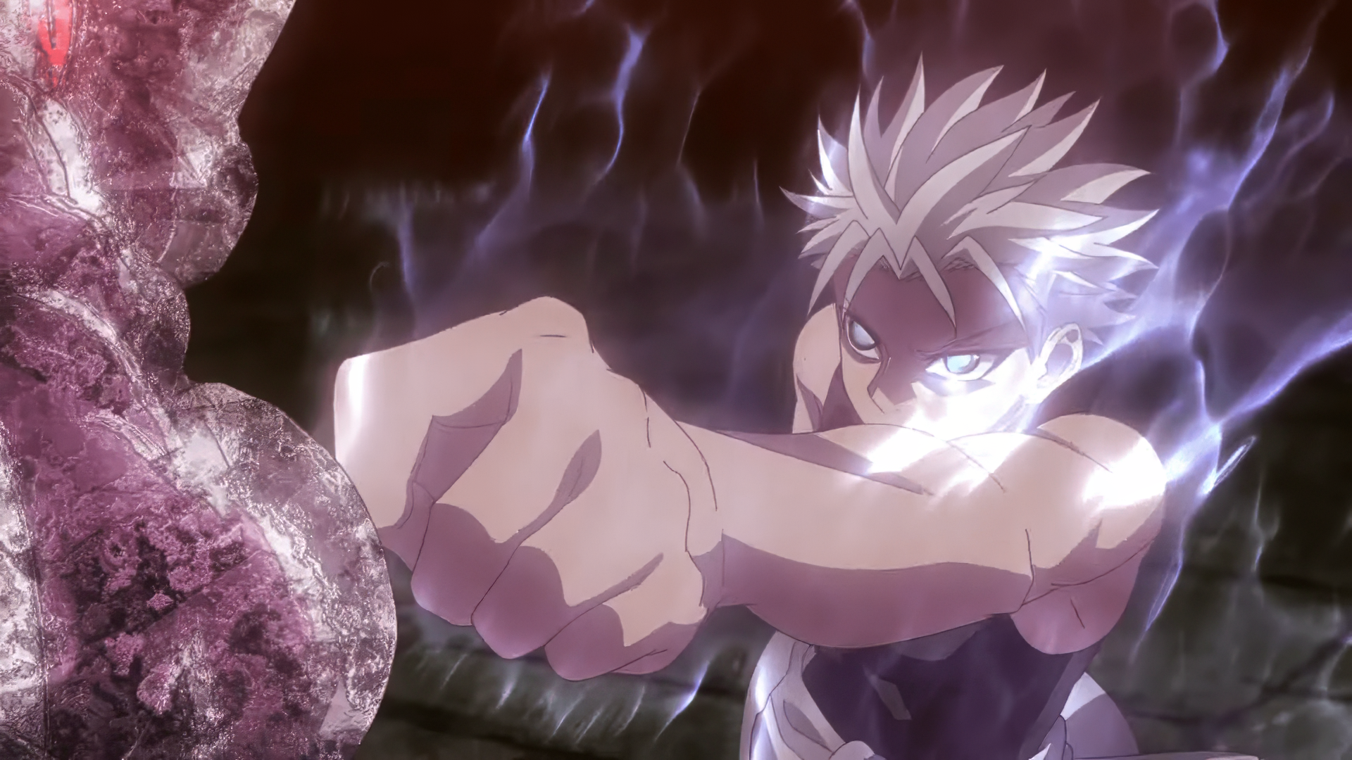 Ragna from Ragna Crimson unleashes a powerful punch, surrounded by glowing energy and a dramatic backdrop, showcasing intense action and determination.