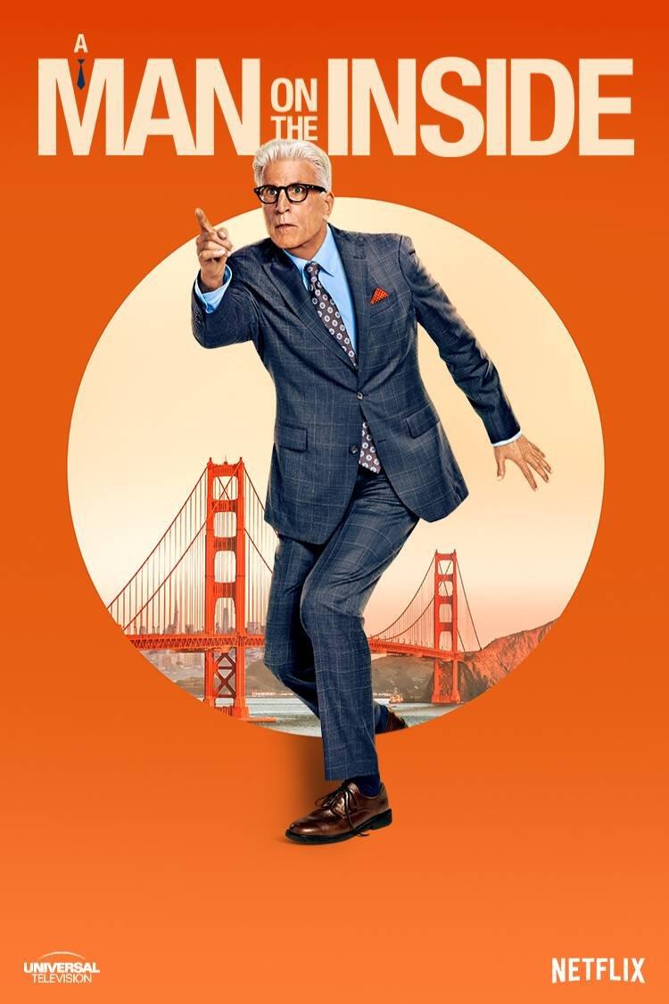 A promotional image for the TV show A Man on the Inside, featuring a sharply dressed man gesturing animatedly in front of the Golden Gate Bridge, set against an orange background.