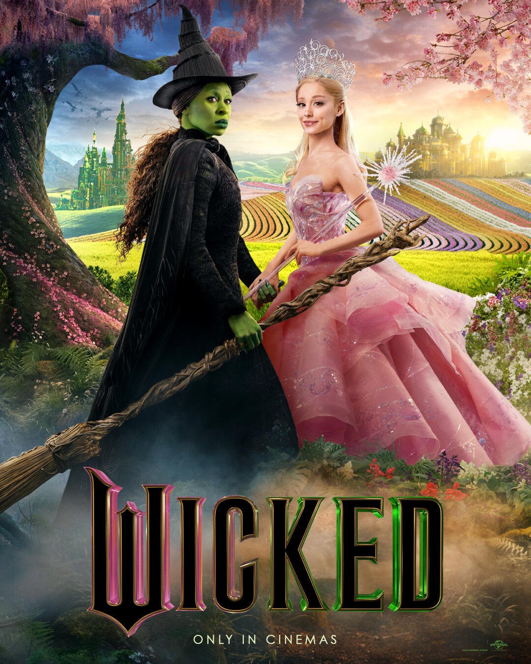 A vibrant poster for the movie Wicked, featuring the Wicked Witch in a dark outfit with a broom and Glinda in a pink gown, set against a magical landscape.