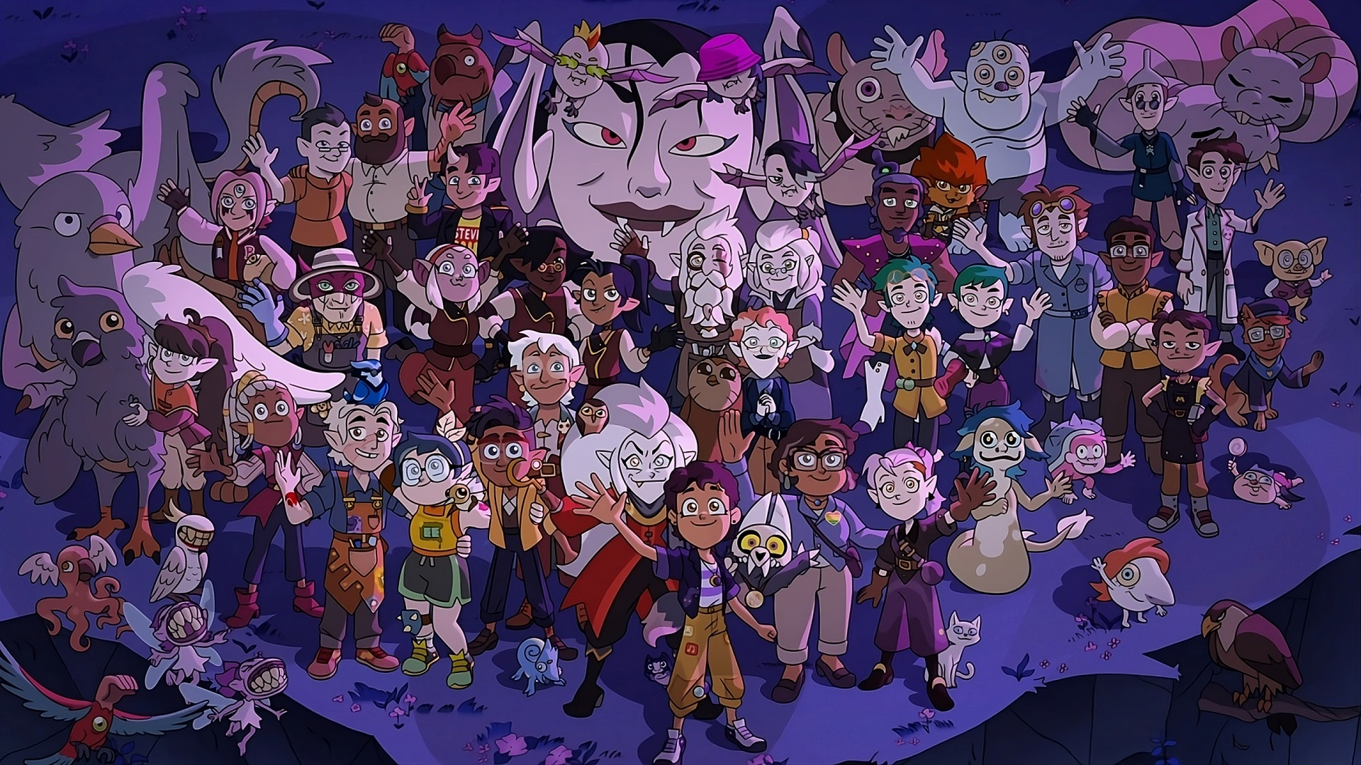 A vibrant group of diverse characters from The Owl House TV show gathered together against a dark purple backdrop featuring various fantastical creatures.