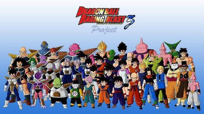 Group of Dragon Ball characters from Dragon Ball: Raging Blast standing together beneath the game's logo on a blue gradient background.