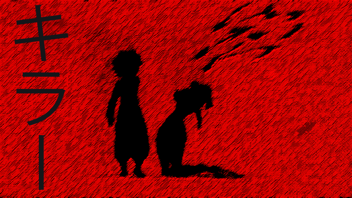 Two black silhouettes on a textured red background — Killua Zoldyck from Hunter x Hunter stands beside a crouched figure, black birds and vertical Japanese text.