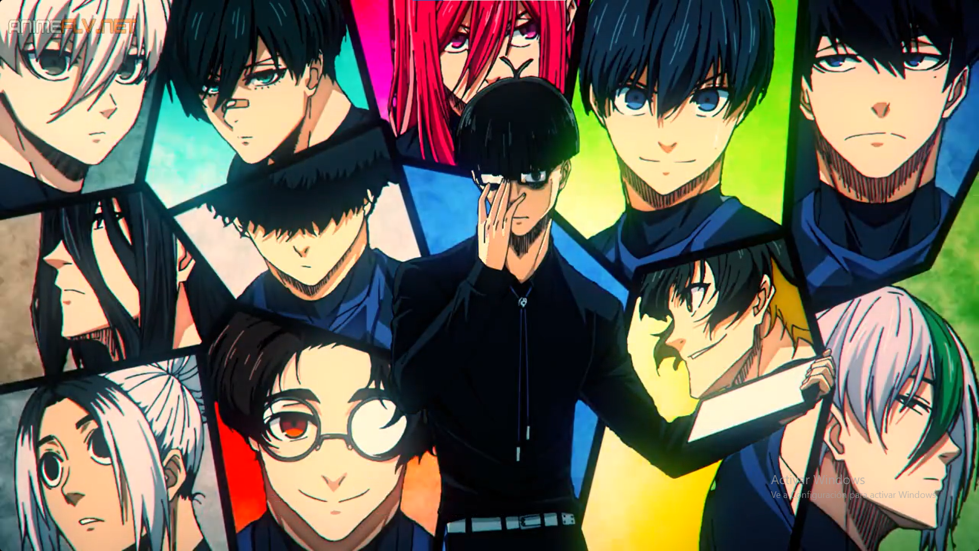Characters from Blue Lock including Isagi Yoichi and Bachira Meguru are depicted with intense expressions against a vibrant, colorful background.