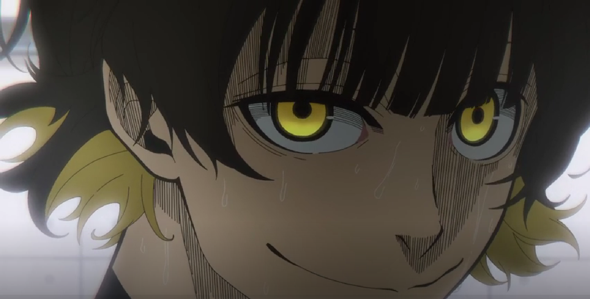 Close-up of Bachira Meguru from Blue Lock with intense yellow eyes and a confident smirk, highlighted by dark shadows and dynamic lighting.