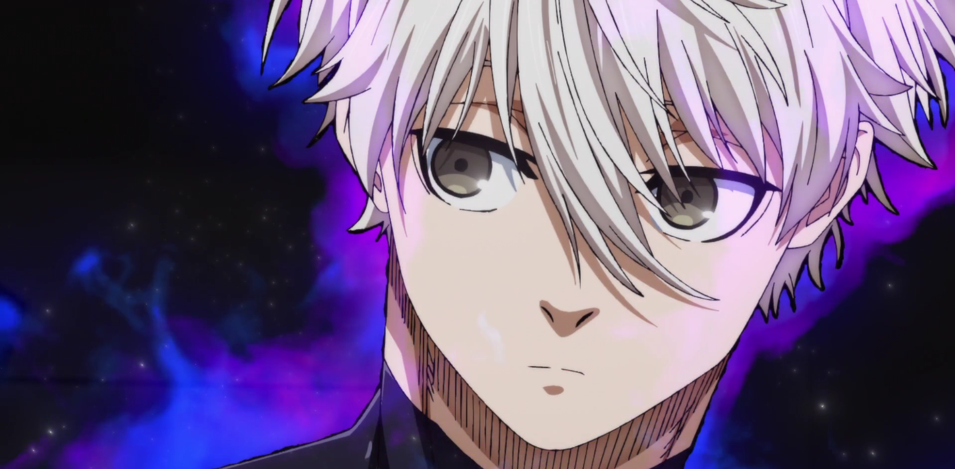 Close-up of Seishiro Nagi from Blue Lock, with white hair and a calm expression against a dark, vibrant background.