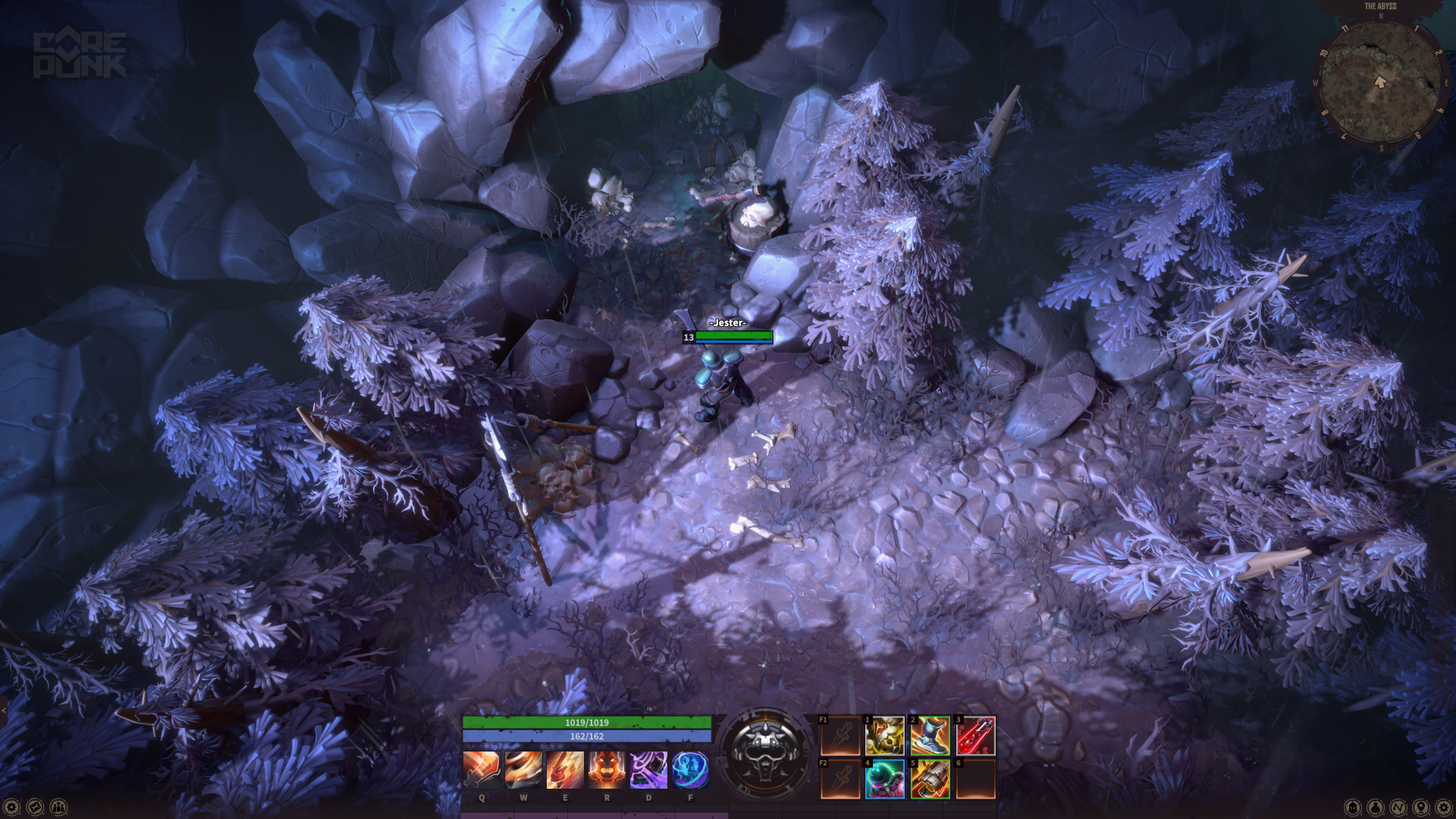 An overhead view of a snowy landscape in the video game Corepunk, featuring trees and rocky terrain, with a character navigating the environment amidst vibrant graphics.