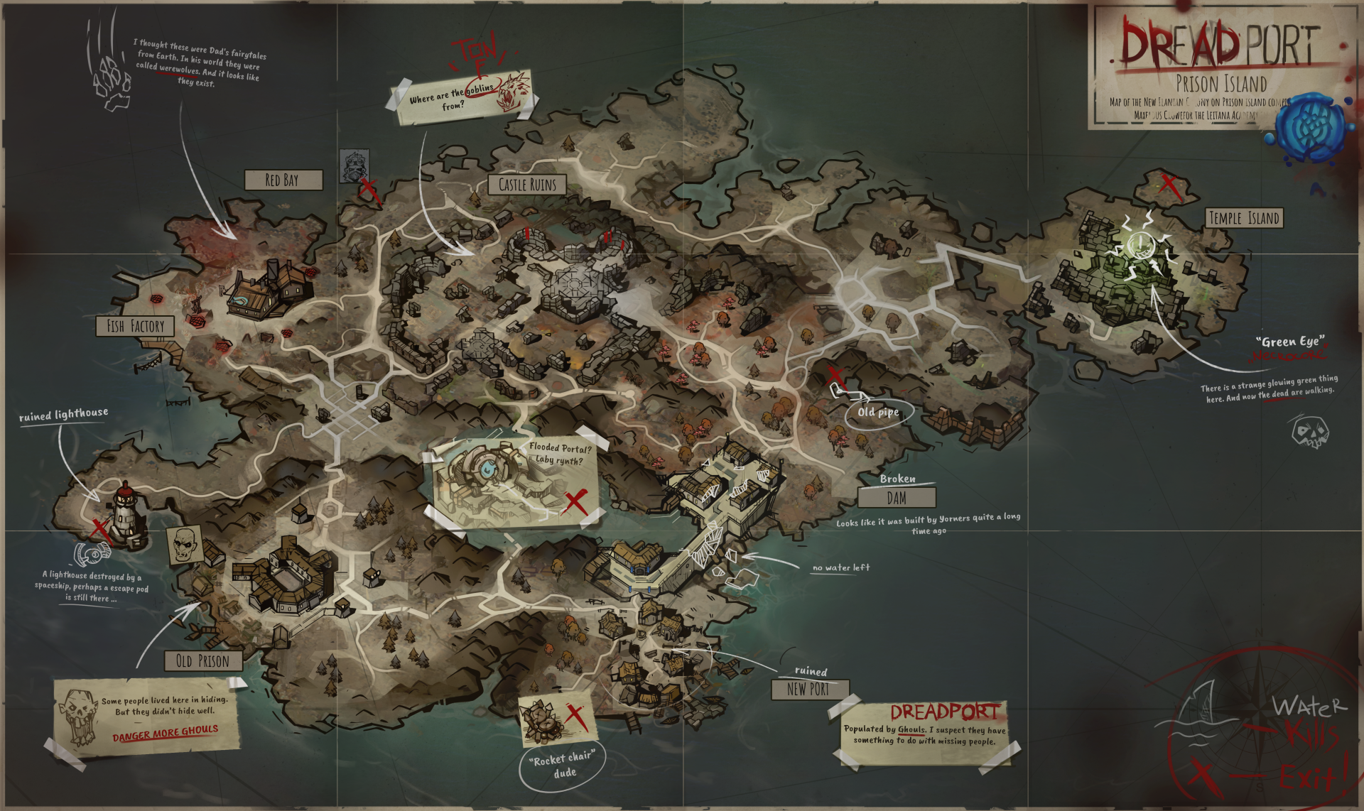 A detailed map of Dread Port from the video game Corepunk, featuring various locations marked with symbols and notes for navigation and exploration.