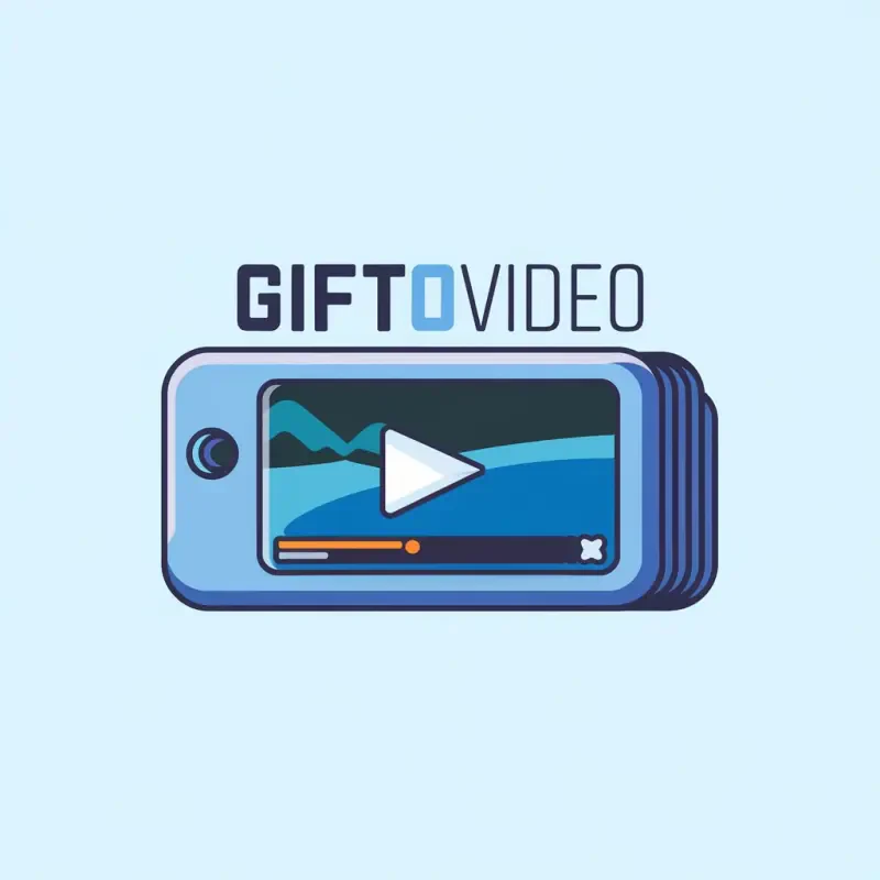 A graphic featuring a stacked video player design with a play button and the text GIFTOVIDEO above, set against a light blue background.