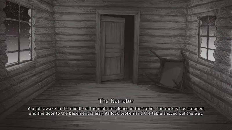 A dimly lit cabin interior from the video game *Slay the Princess — The Pristine Cut*, featuring an open door, a haunting atmosphere, and text from the narrator guiding the player.