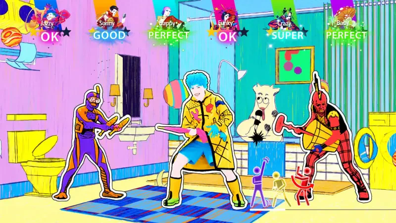 A colorful scene from Just Dance 2025 Edition featuring dancers in vibrant outfits, showcasing energetic moves with fun animations and playful characters in a lively setting.