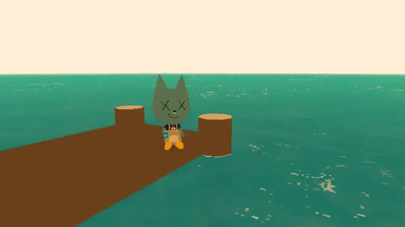 A character with a cat head stands on a wooden pier over a turquoise ocean, showcasing a scene from the video game Webfishing.