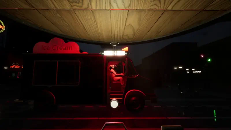 A dark scene from the video game Massacre At The Mirage, featuring a red-lit food truck with a character inside, set against a moody night backdrop.