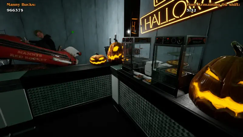 A scene from the video game Massacre At The Mirage, featuring a dark interior with Halloween-themed pumpkins and a snack counter, creating an eerie atmosphere.
