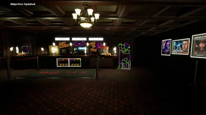 Interior scene from the video game Massacre At The Mirage, featuring a dimly lit bar area with arcade machines and colorful neon decorations on the walls.