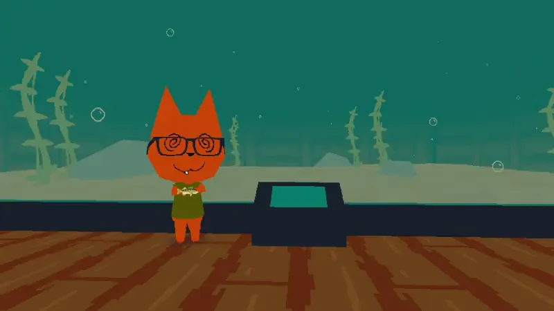 A whimsical orange cat character wearing glasses stands on a wooden deck, surrounded by an underwater scene in the video game Webfishing.
