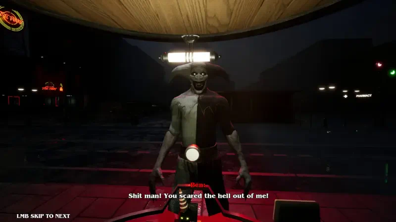 A character from the video game Massacre At The Mirage reacts fearfully, exclaiming, Shit man! You scared the hell out of me! in a dark, eerie setting.