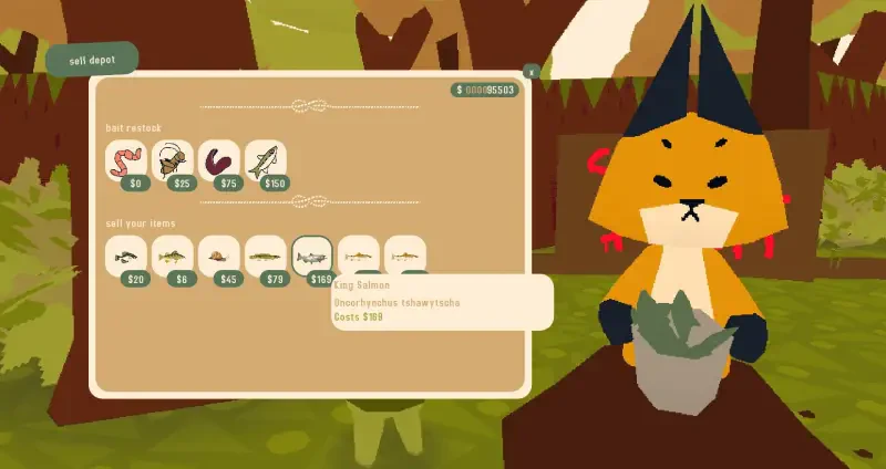 A colorful character from the video game Webfishing stands beside a selection of items, showcasing a blend of whimsical design and interactive gameplay elements.