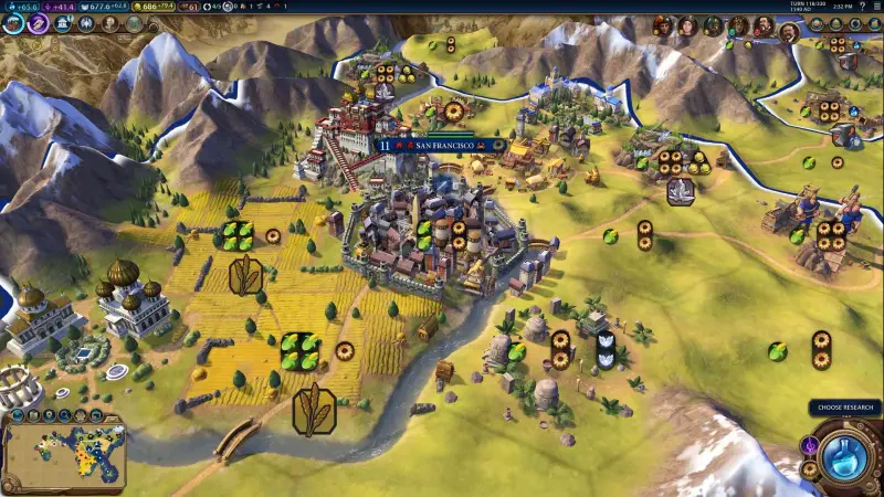 A vibrant landscape from Sid Meier’s Civilization VI, showcasing a thriving city surrounded by agricultural fields and mountains, with buildings and resources highlighted throughout the area.