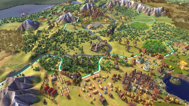 A detailed landscape view from the strategy game Sid Meier’s Civilization VI, showcasing cities, varied terrain, and connected trade routes amid mountains and forests.