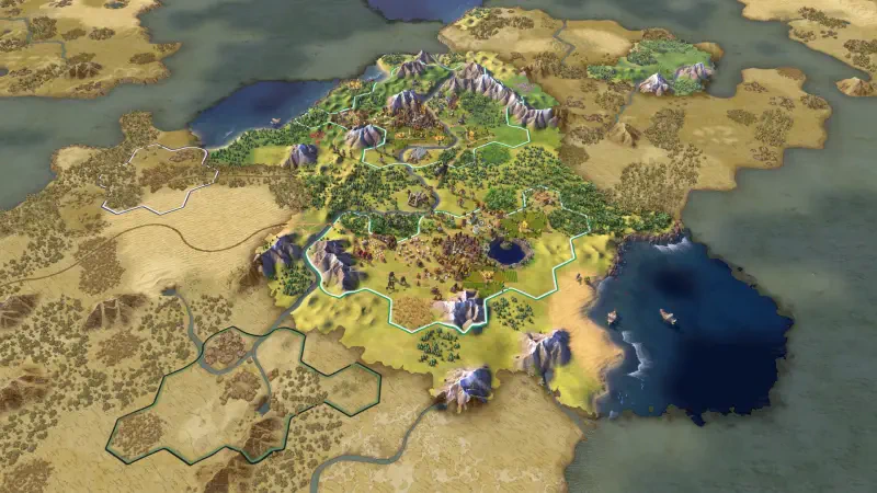 A vibrant landscape from Sid Meier’s Civilization VI, showcasing diverse terrain with mountains, forests, and bodies of water in a strategic game map layout.