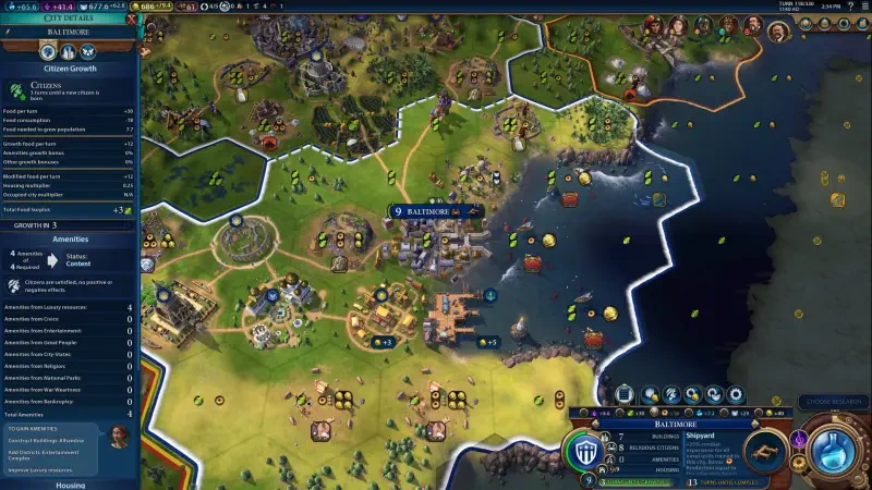A screenshot from Sid Meier’s Civilization VI, showcasing a vibrant landscape filled with cities, resources, and strategic terrain along the coastline.