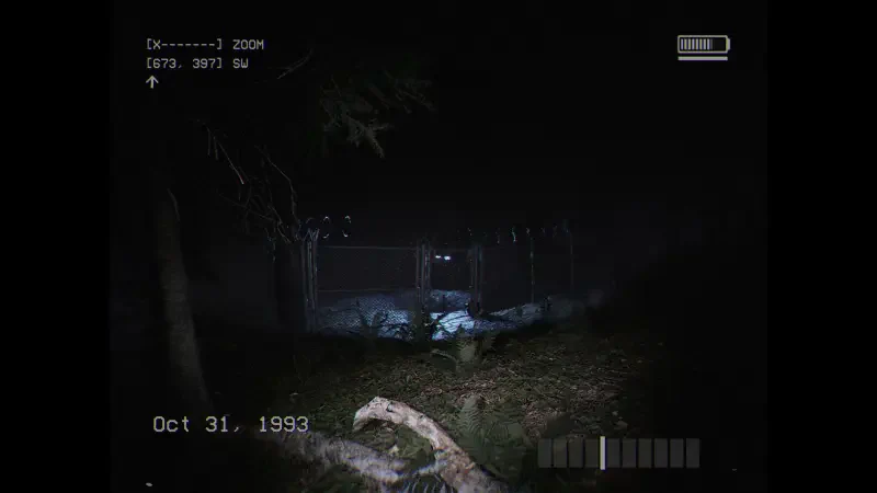 A dark, eerie landscape from the video game DON'T SCREAM, set on October 31, 1993. Shadows loom around a mysterious fence, creating a tense atmosphere of suspense.