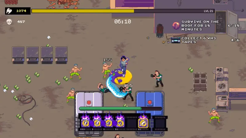 A dynamic scene from the video game Karate Survivor, showcasing characters battling enemies while collecting items and racing against the timer. Action-packed gameplay and vibrant visuals dominate the frame.