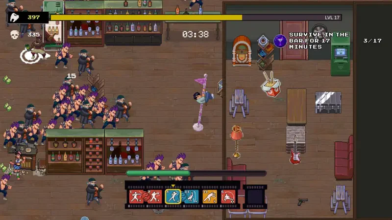 A dynamic scene from the video game Karate Survivor, featuring intense action as characters engage in combat within a lively bar setting. Various items and threats populate the environment.