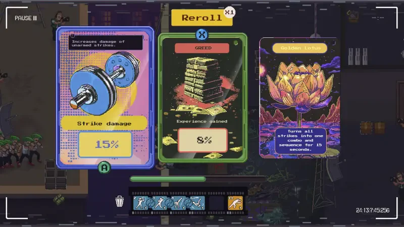 Interactive screen from the video game Karate Survivor featuring options to reroll stats, enhance strike damage, and explore various upgrades.