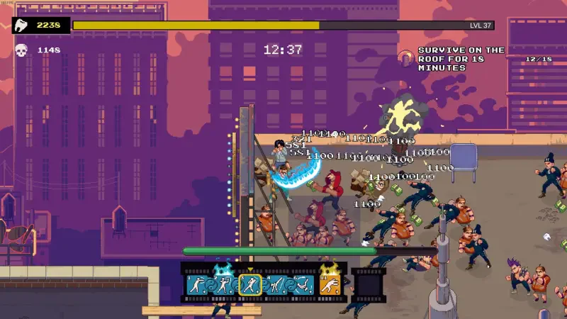 Action-packed scene from the video game Karate Survivor, featuring characters engaged in dynamic combat against a backdrop of a vibrant city skyline.
