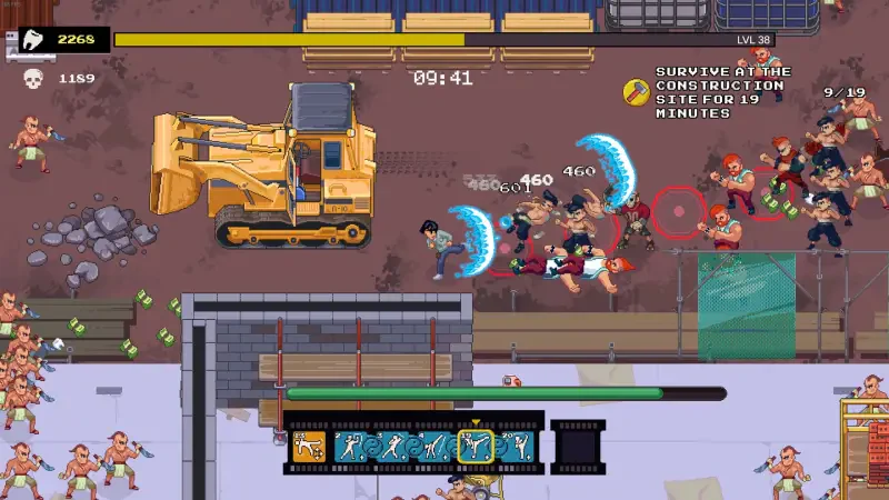 A screenshot from the video game Karate Survivor, showcasing intense action with characters battling against enemies, featuring a bulldozer and various combat elements.