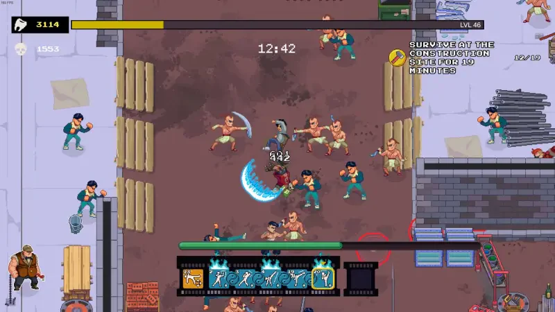 A dynamic scene from the video game Karate Survivor, featuring a character battling against multiple foes, with vibrant pixel art and a timer indicating gameplay progress.