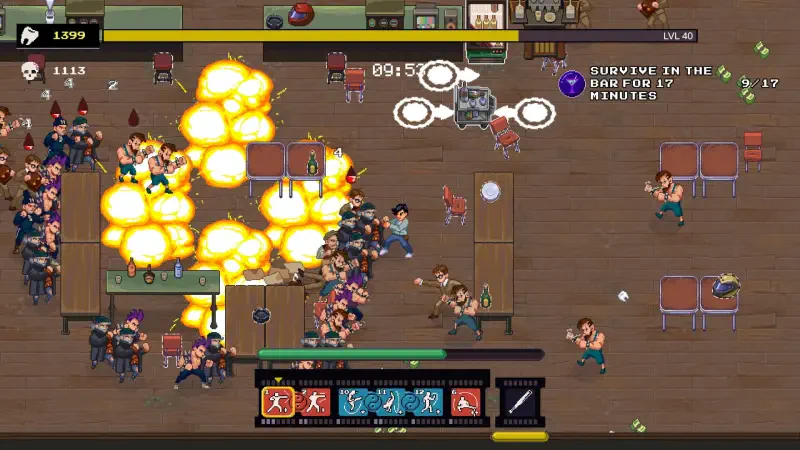 Gameplay from Karate Survivor, showcasing intense action with explosions and fighters battling in a lively environment filled with obstacles and characters.