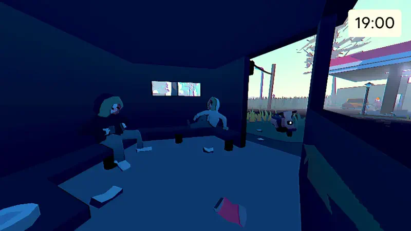 A scene from the video game Grunn, featuring stylized characters sitting inside a dimly lit space with a view of an outdoor setting. Objects are scattered on the floor.