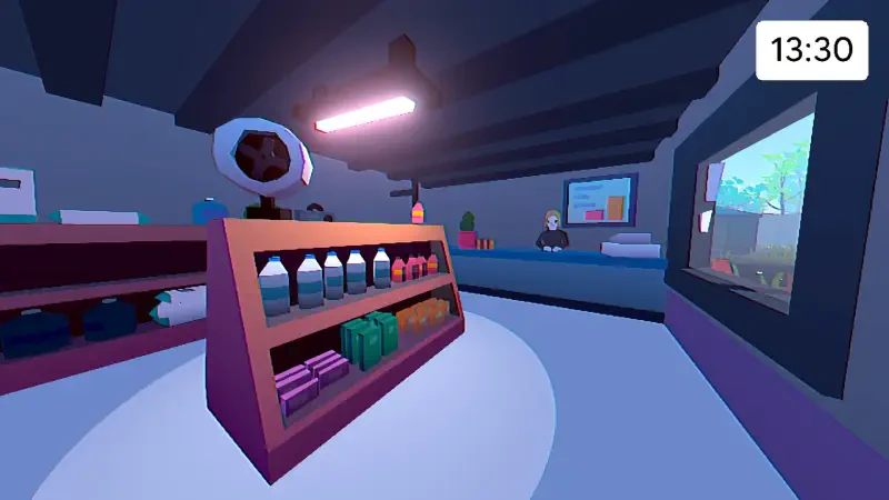 A vibrant video game scene from Grunn, showcasing a colorful shop interior with shelves of products, a cashier counter, and distant characters engaging in the space.