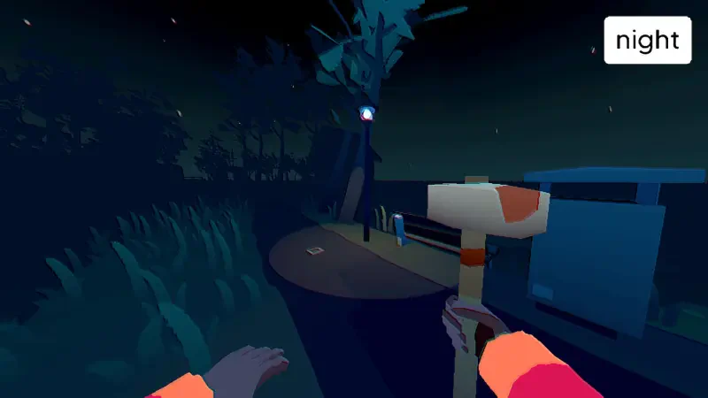 A night scene from the video game Grunn, featuring a character holding a hammer in a dark, overgrown environment with a blue vehicle and a glowing light in the background.