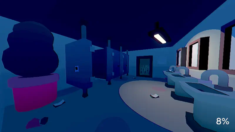 A stylized bathroom interior from the video game Grunn, featuring blue walls, lockers, sinks, and dim lighting, creating an immersive and unique atmosphere.