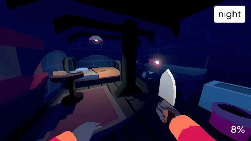 A dimly lit scene from the video game Grunn, featuring a character holding a knife in a cozy room with a bed and a small table, evoking a sense of mystery.